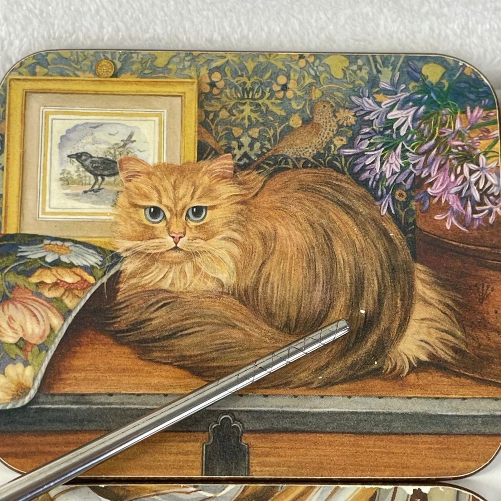 Vintage‎ Cat Art Coasters Set of 6 Cork Backed Square Tuxedo Ginger White Cats